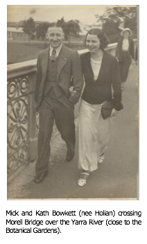 Text Box:  Mick and Kath Bowkett (nee Holian) crossing Morell Bridge over the Yarra River (close to the Botanical Gardens).
